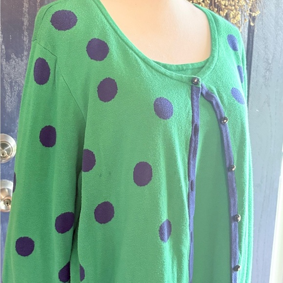 Quacker Factory Women L Sweater Green Blue Polka-Dot Cardigan With Attached Top - Picture 2 of 13